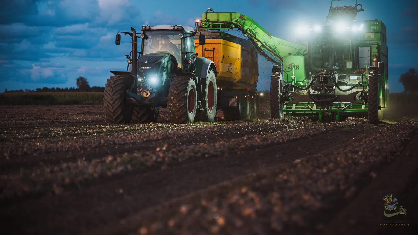 Night onion harvest: a Fendt tractor with a trailer and the AVR Puma 3 harvester driving side by side in the field